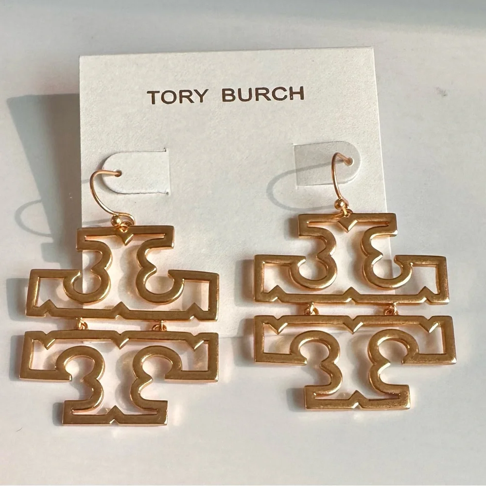 NEW Auth. Tory Burch Britten Logo Drop Earrings (Gold), on TB Earring Card